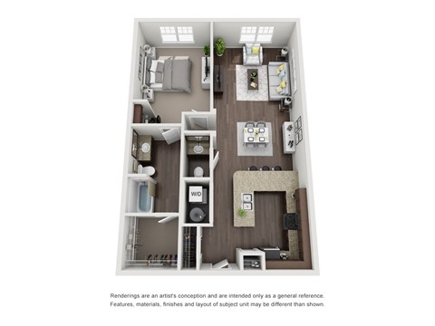 A floor plan of a small apartment with a kitchen, living room, and bedroom.